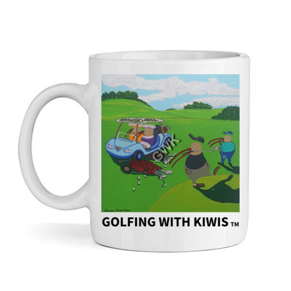 Golf Cart Chaos with Kiwis Coffee Mug Thumbnail