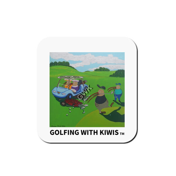 Golf Cart Chaos with Kiwis: Beverage Coaster Thumbnail